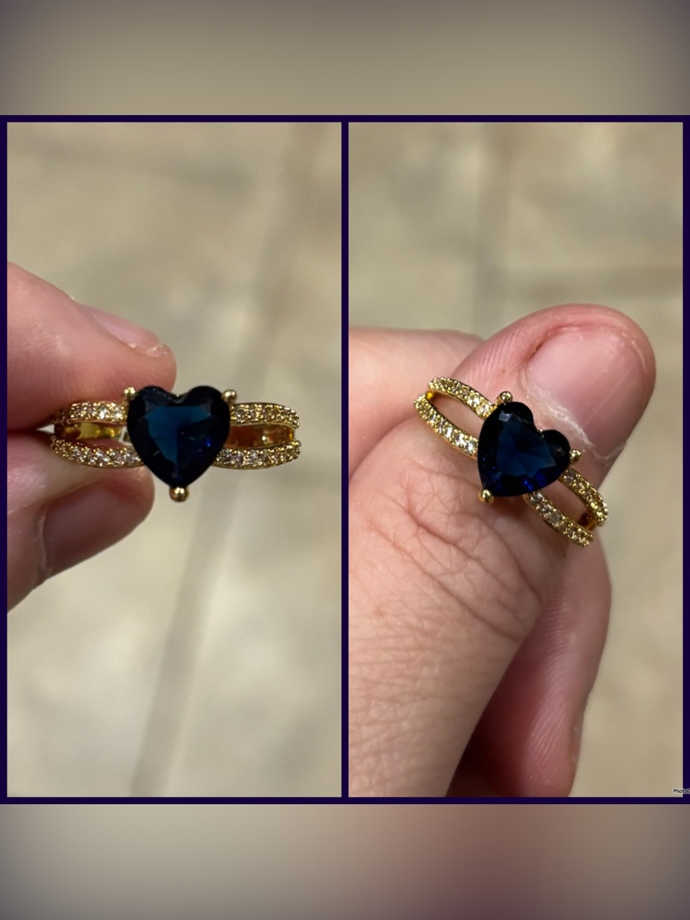 Gold-Filled Ring with Heart-Shaped Deep Blue Stone and Pavé Crystals